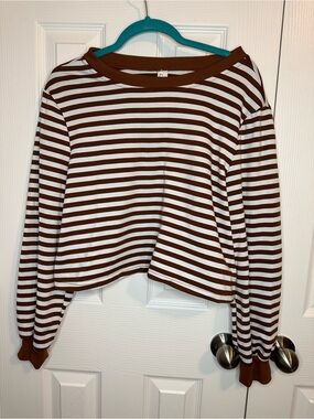 Striped Brown and White Cropped Long-Sleeve Top
